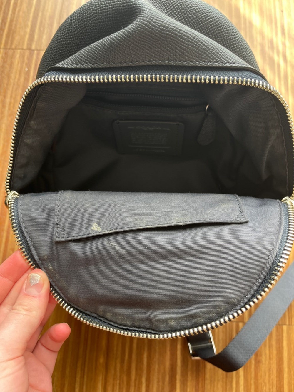 Coach Black Leather Mini Backpack with Teal Patterned Pocket - Picture 6 of 6